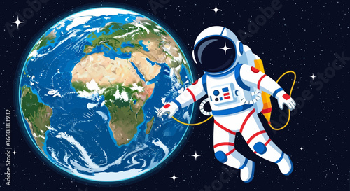 An astronaut in a white spacesuit floats in space, tethered to a vibrant, detailed Earth with visible continents and oceans.