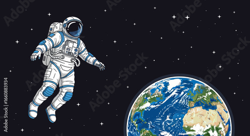 Astronaut floats in space, gazing towards Earth, a detailed illustration.