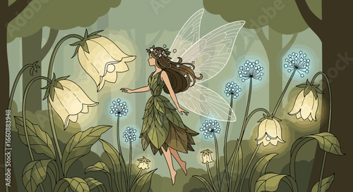 A whimsical fairy with glowing wings and leafy dress floats amidst luminous flora in a magical forest.