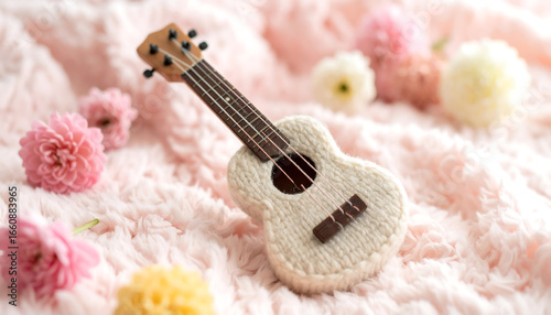 Miniature Knitted Ukulele on Plush Blanket with Pastel Flowers Soft Focus.