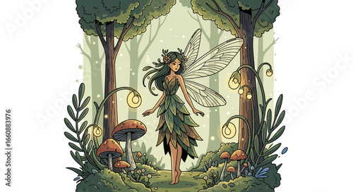 A whimsical fairy stands in a lush forest glade, surrounded by glowing mushrooms and foliage.