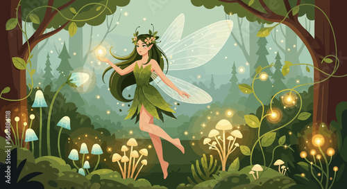 A whimsical fairy with delicate wings floats in a magical forest, surrounded by glowing mushrooms and sparkling lights.