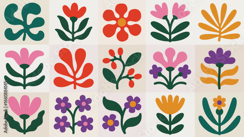 Collection of colorful abstract floral illustrations in a grid flower