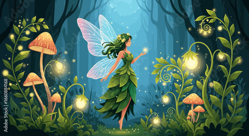 A whimsical fairy with leafy attire delicately holds a glowing orb amidst a magical forest setting.