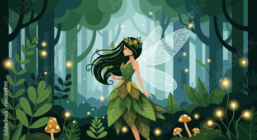 A whimsical fairy in a lush forest, illuminated by glowing fireflies.