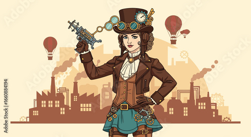 Steampunk woman inventor holding futuristic device, industrial cityscape background.