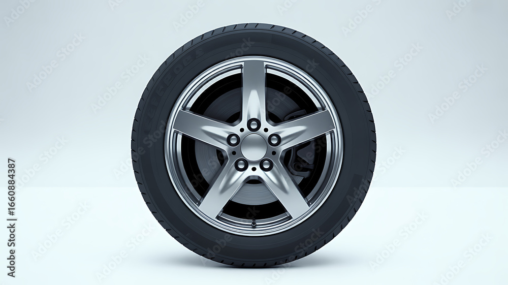 Obraz premium Shiny silver five spoke alloy car wheel and tire