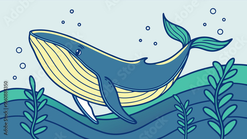 A blue whale swimming in the ocean with seaweed and bubbles.