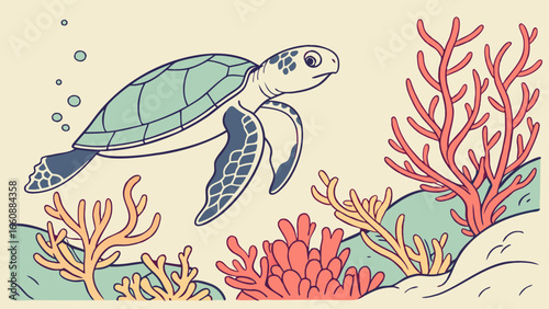 Colorful illustration of a sea turtle swimming among coral reefs.