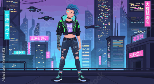 Cyberpunk female character stands in futuristic city, neon lights, flying vehicles.