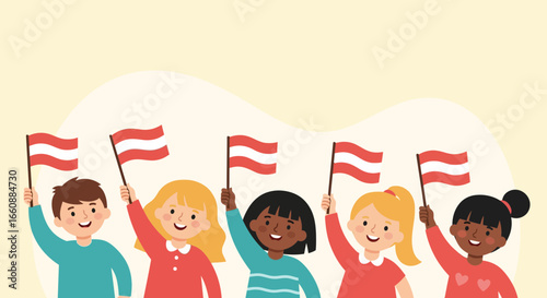 Diverse children holding Austrian flags, a cheerful display of national pride.
