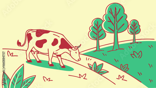 Cow grazing peacefully in a serene natural landscape with trees and butterflies.