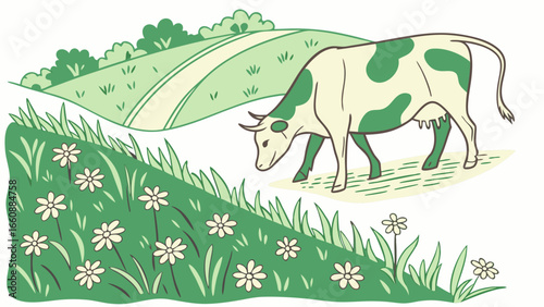 Serene cow grazing in a lush green meadow with flowers.