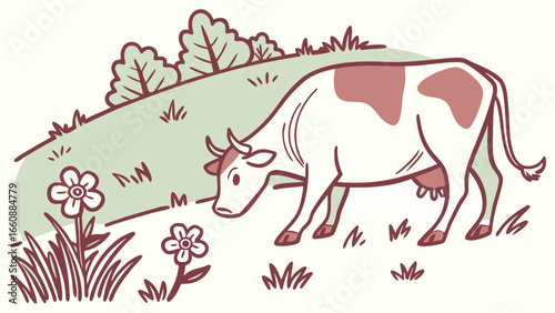 Illustration of a cow grazing in a field with flowers.