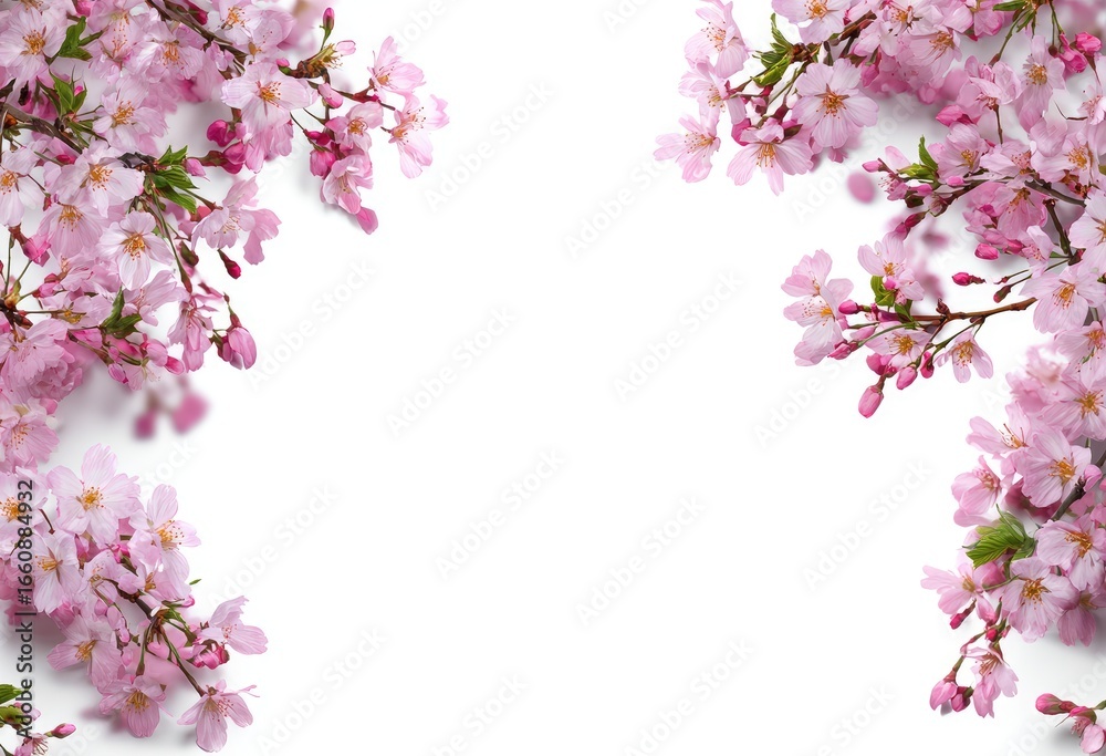 Fototapeta premium Pink cherry blossoms frame a white background