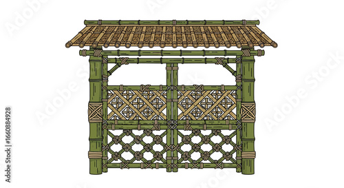 Traditional Asian bamboo structure with a thatched roof and decorative panels.
