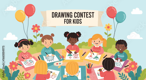 Happy diverse children participate in a joyful drawing contest outdoors.
