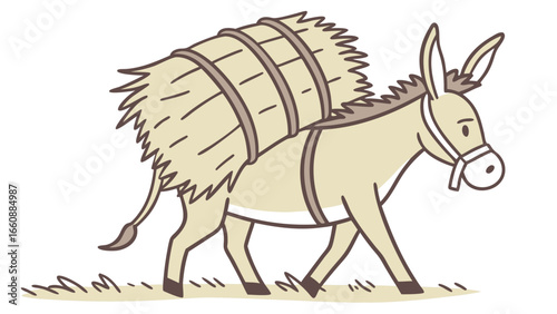 Donkey carrying a heavy load of hay on its back.