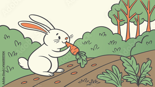 Cute cartoon white rabbit eating a fresh carrot in a garden. Happy bunny enjoying vegetables in a vibrant outdoor scene.
