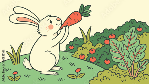Cute Cartoon Rabbit Eating Fresh Carrot in a Lush Green Garden Illustration