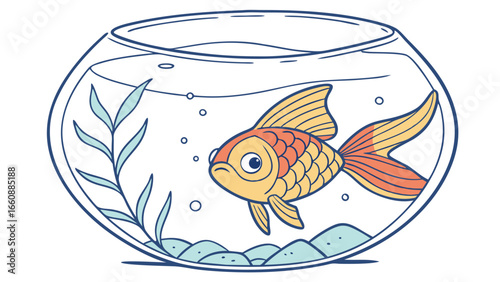 Cute Goldfish in Glass Fishbowl Illustration with Water and Aquatic Plant. Pet Fish Cartoon.