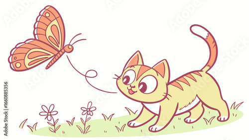 Adorable cartoon kitten captivated by a butterfly in a sunny meadow illustration