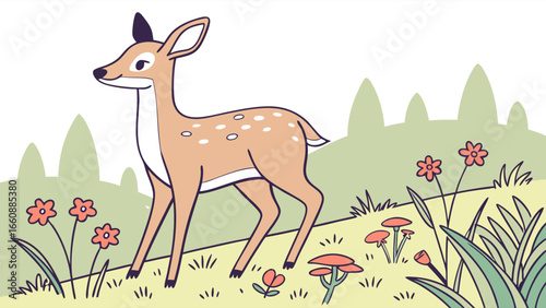 Cute Fawn in Spring Meadow Illustration. Adorable baby deer standing in a green field with flowers and hills.