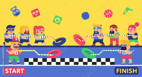 Colorful pixel art characters compete in a tug-of-war game across a finish line.