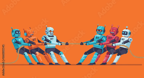 Two teams of robots, each with three members, engage in a tug-of-war contest against an orange background, pulling a thick rope.