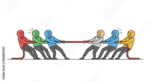 A cartoon illustration of people pulling on a rope in a tug-of-war competition.