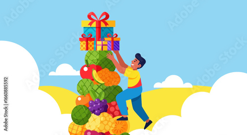 A man climbs a tower of fruits and vegetables to reach gift boxes at the top, set against a blue sky.