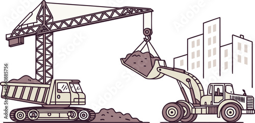 Vector illustration of construction site with crane, excavator, and dump truck moving soil, symbolizing heavy equipment, urban development, and building work.