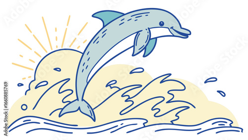 Playful cartoon dolphin leaping from ocean waves with sun. Vector illustration of marine life.