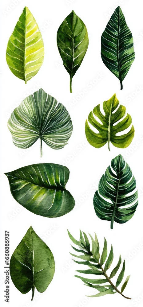 Fototapeta premium Watercolor illustration of various tropical leaves. Vibrant green leaves in different shapes and textures. Various leaf types including fiddle leaf fig, monstera deliciosa, and palm leaf