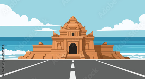 A stylized illustration of a temple structure situated near the ocean and a road.