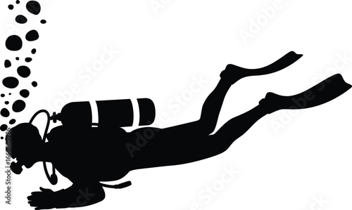Silhouette of a scuba diver with bubbles