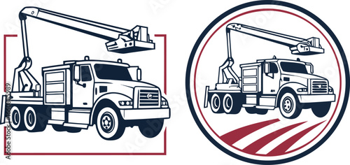 Vector illustration of utility trucks with hydraulic lifts, ideal for construction, electrical work, maintenance, and industrial service design projects.