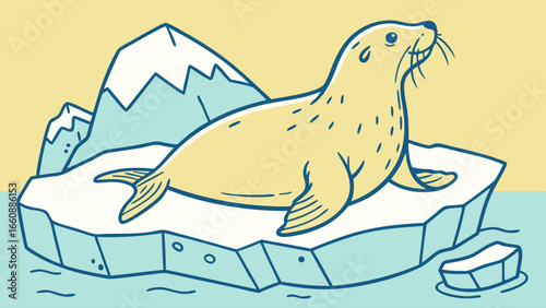 Cartoon seal resting on an ice floe with an iceberg in the arctic ocean. Hand-drawn style illustration of marine wildlife.