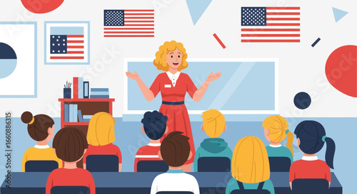 Classroom scene with teacher lecturing to attentive students, American flags displayed.