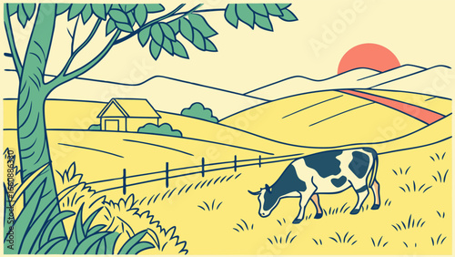 Rural Farm Landscape with Grazing Cow, Barn, Rolling Hills, and Sunset Illustration