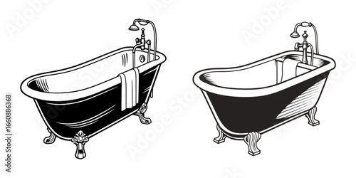 baby bathtub line art silhouette vector illustration, bath tub with bubbles icon silhouette design vector art illustration, 