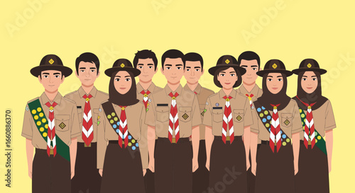 A group portrait of Indonesian Scouts in uniform, standing together.