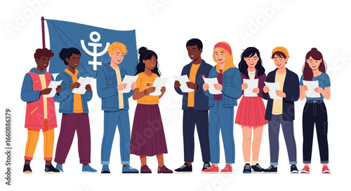 A diverse group of individuals holding papers, standing together, and displaying unity with a flag.