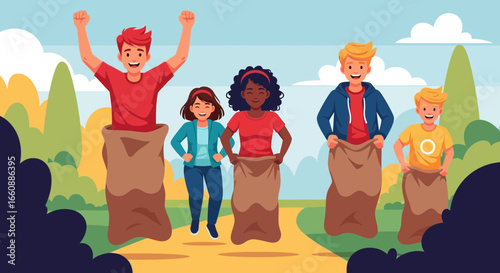 Cartoon illustration of five children participating in a sack race outdoors on a sunny day, one child winning with arms raised.