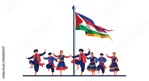 A group of people in traditional costumes dancing around a flagpole with a multi-colored flag.