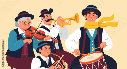 A lively folk band performs traditional music, showcasing diverse instruments and attire.