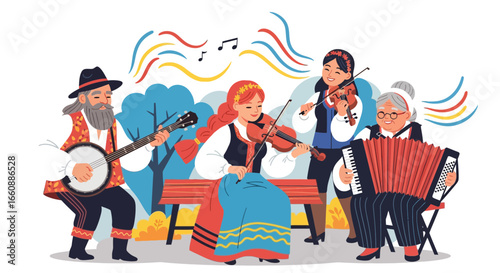 A group of musicians in traditional attire playing instruments in a park, creating music.