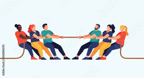 Two teams of diverse people engaged in a tug-of-war, pulling a rope with determination against a white background.