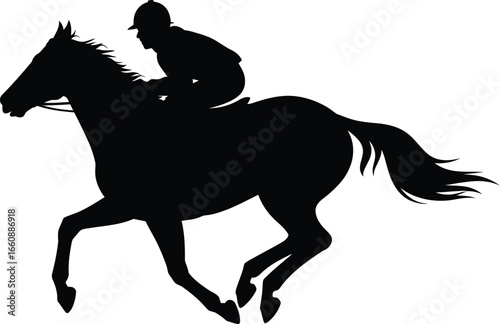 Silhouette of a jockey riding a horse in full gallop