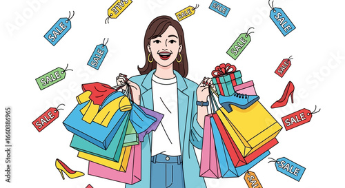 A joyful woman carrying shopping bags and gifts, surrounded by sale tags, celebrating purchases.